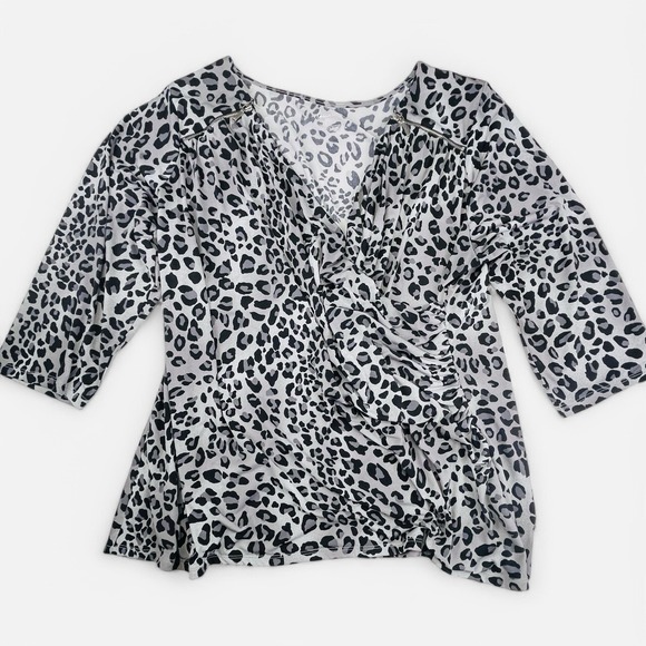 Lane Bryant Top Plus Sz 22 24 Gray Leopard‎ Deep V Wrap Zipper Ruched 3/4 Sleeve - Picture 1 of 11